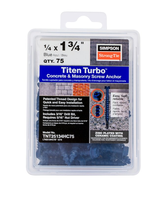 Simpson Strong-Tie Titen Turbo TNT25134HC75 Screw Anchor, Carbon Steel, Ceramic-Coated/Zinc, 1/4 in Dia, 1-3/4 in L