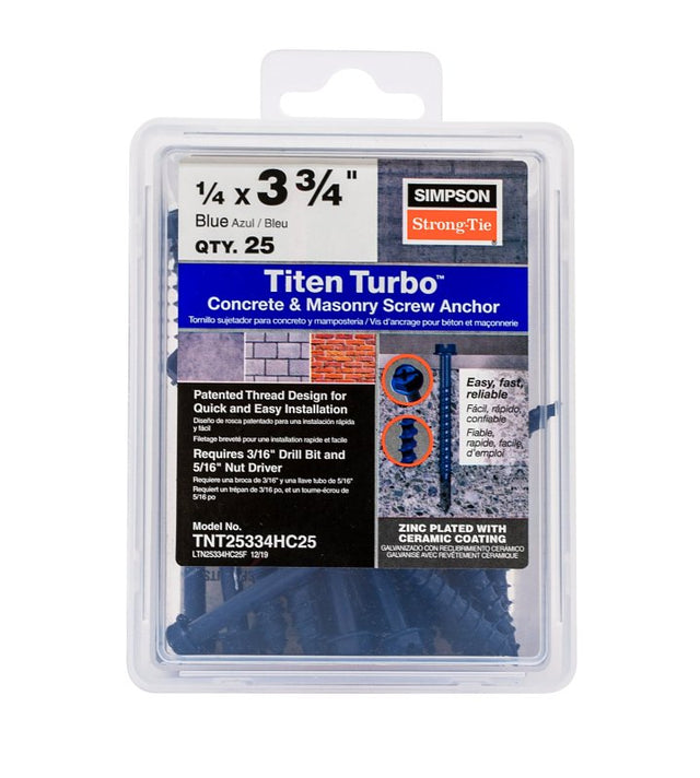 Simpson Strong-Tie Titen Turbo TNT25334HC25 Screw Anchor, 1/4 in Dia, 3-3/4 in L, Carbon Steel, Hex Head, 25/PK