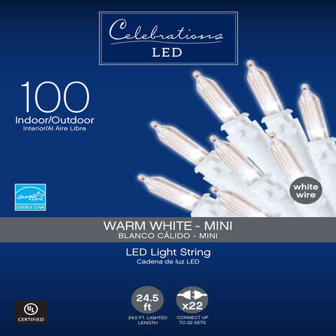 Celebrations Blue LED Mini Warm White 100 ct String Christmas Lights 24.5 ft., Pack of 12