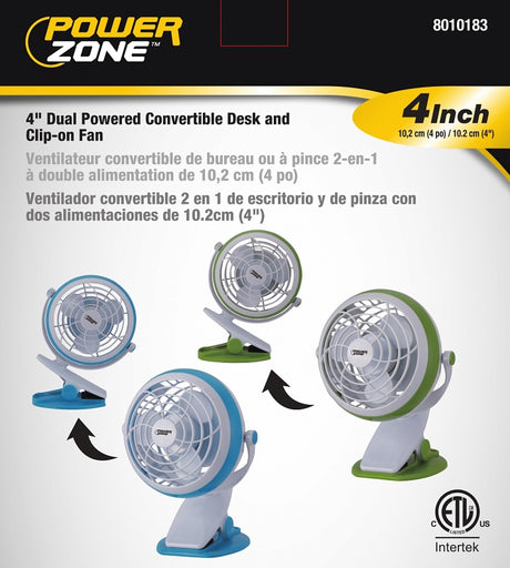 PowerZone QT-U409-D Desk and Clip-On Fan, 5 VDC, 4 in Dia Blade, 3-Blade, 1-Speed, 48 in L Cord, Pack of 4