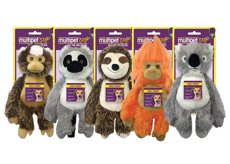 Multipet Bark Buddies Assorted Polyester Monkey, Lemur, Sloth, Tamarin, and Koala Dog Toy Medium, Pack of 12
