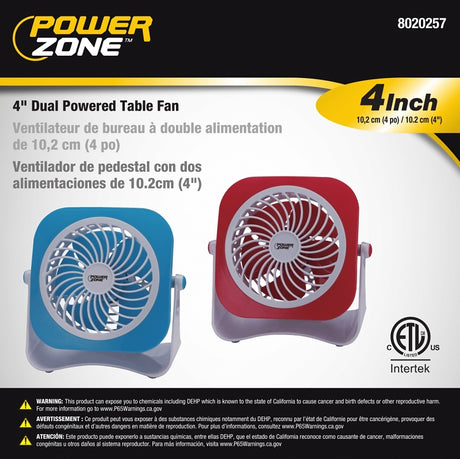 PowerZone QT-U403B Tabletop Fan, 5 VDC, 4 in Dia Blade, 5-Blade, 2-Speed, 48 in L Cord, White/Blue OR White/Red, Pack of 4