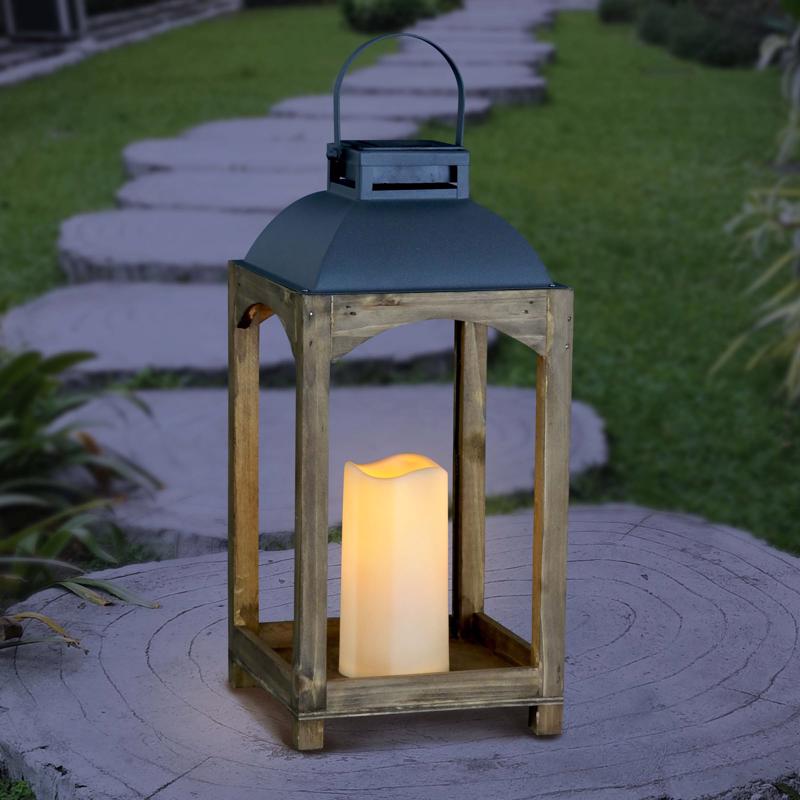 Exhart Metal/Wood Brown Solar Lantern, Pack of 2