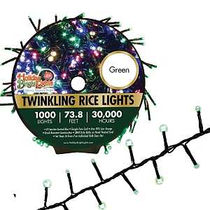 Holiday Bright Lights LED-3MR1000-GGR Straight Rice Light Set, 1000-Lamp, LED Lamp, Green Light, 74 ft L
