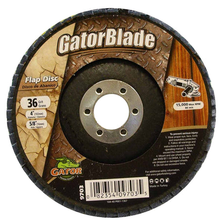 GatorBlade 9703 Flap Disc, 4 in Dia, 5/8 in Arbor, 36 Grit, Zirconium Oxide Abrasive