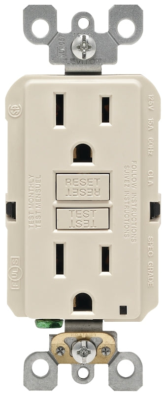 Leviton R06-GFNT1-0KT GFCI Duplex Receptacle, 2 -Pole, 15 A, 125 V, Back, Side Wiring, NEMA: 5-15R, Light Almond