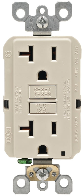 Leviton R96-GFNT2-0KT GFCI Duplex Receptacle, 2 -Pole, 20 A, 125 V, Back, Side Wiring, NEMA: 5-15R, Light Almond