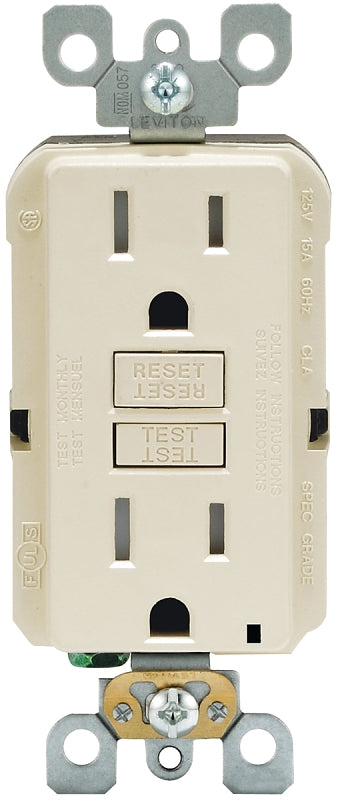 Leviton R96-GFTR1-0KT GFCI Duplex Receptacle, 2 -Pole, 15 A, 125 V, Back, Side Wiring, NEMA: 5-15R, Light Almond