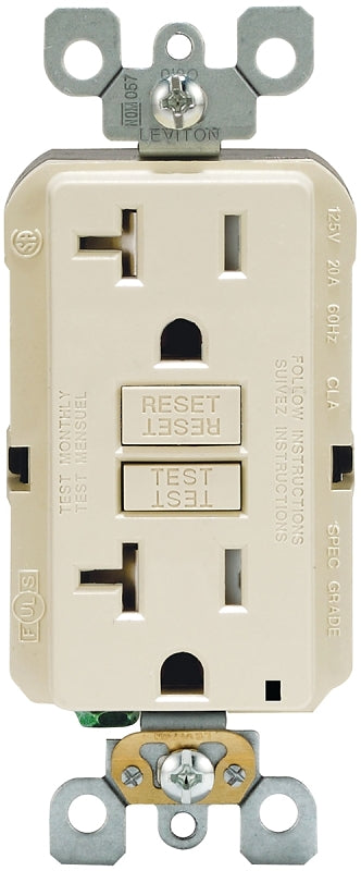 Leviton R96-GFTR2-0KT GFCI Duplex Receptacle, 2 -Pole, 20 A, 125 V, Back, Side Wiring, NEMA: 5-20R, Light Almond