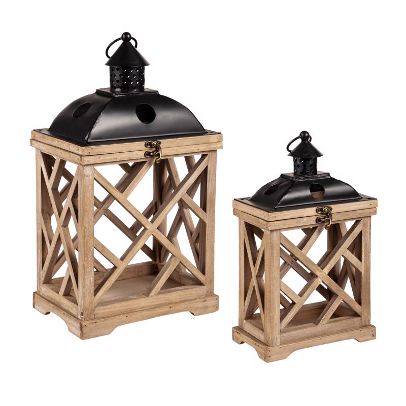 Meadow Creek Two Mantle Metal/Wood Hurricane Black/Brown Lantern, Pack of 2