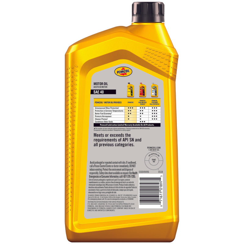 Pennzoil SAE 40 4-Cycle Conventional Motor Oil 1 qt 1 pk, Pack of 6