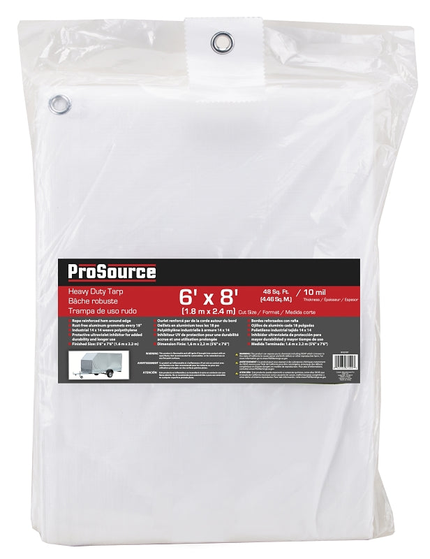 ProSource TW0608 Tarp, 8 ft L, 6 ft W, 10 mil Thick, Plastic, White