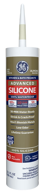 GE Advanced Silicone 2 2816707 Kitchen & Bath Sealant, Almond, 24 hr Curing, 10.1 fl-oz Cartridge, Pack of 12