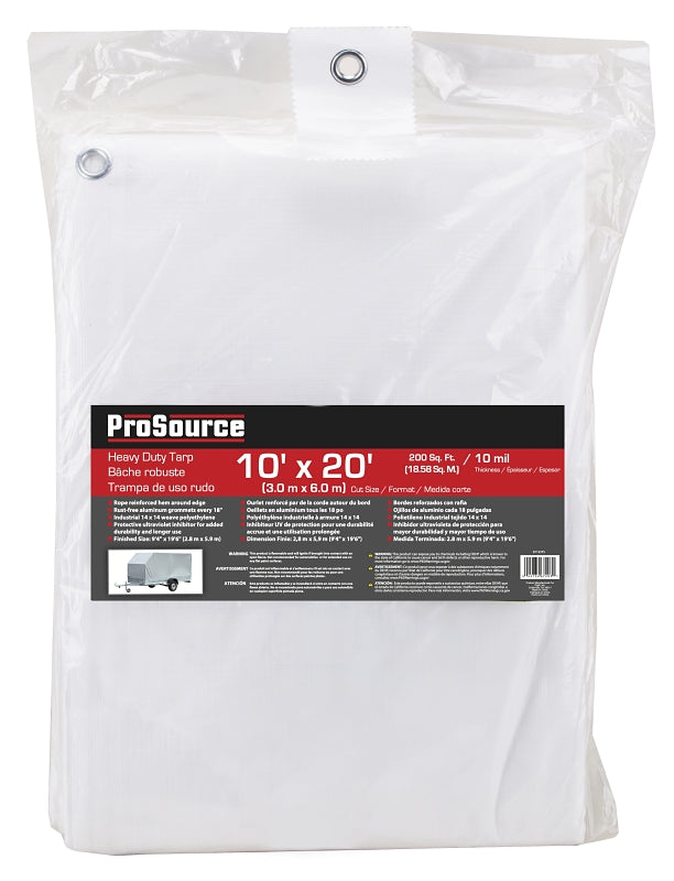 ProSource TW1020 Tarp, 20 ft L, 10 ft W, 10 mil Thick, Plastic, White