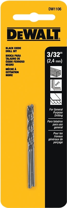 DEWALT DW1106 Jobber Drill Bit, 3/32 in Dia, 2-1/4 in OAL, Parabolic Flute, 3/32 in Dia Shank, Round Shank, Pack of 5