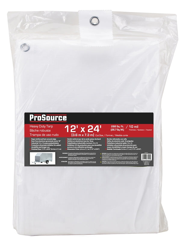 ProSource TW1224 Tarp, 24 ft L, 12 ft W, 10 mil Thick, Plastic, White