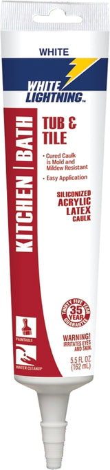 White Lightning W22000005 Latex Caulk, White, 3 to 4 days Curing, -30 to 180 deg F, 5.5 oz, Squeeze Tube