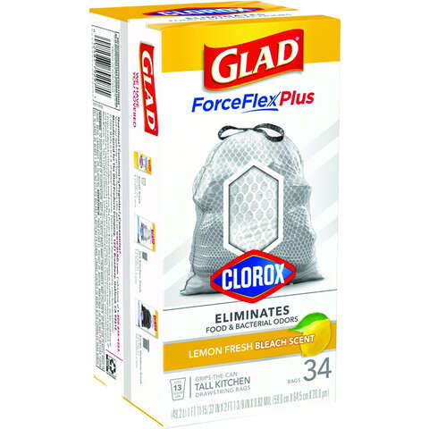 Glad Force Flex Plus 13 gal Lemon Scent Tall Kitchen Bags Drawstring 34 pk 0.82 mil, Pack of 6