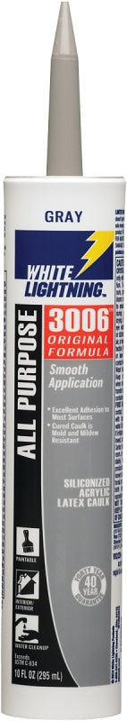 WHITE LIGHTNING W12004010 Adhesive Caulk, Gray, 5 to 7 days Curing, 40 deg F, 10 fl-oz Cartridge Pack of 12