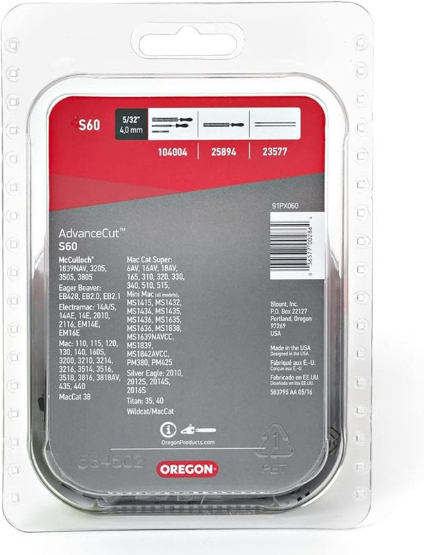 Oregon S60 Chainsaw Chain, 18 in L Bar, 0.05 Gauge, 3/8 in TPI/Pitch, 60-Link