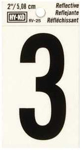 Hy-Ko RV-25/3 Reflective Sign, Character: 3, 2 in H Character, Black Character, Silver Background, Vinyl, Pack of 10