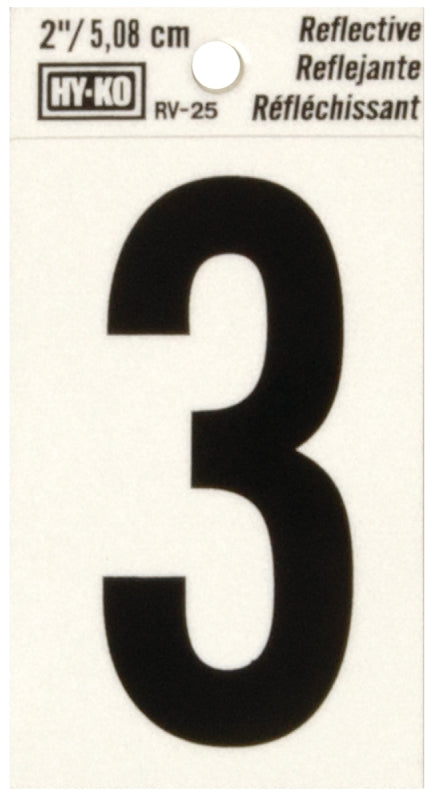 Hy-Ko RV-25/3 Reflective Sign, Character: 3, 2 in H Character, Black Character, Silver Background, Vinyl, Pack of 10