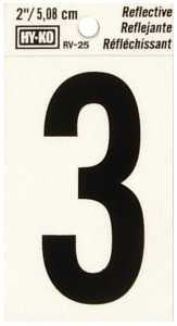 Hy-Ko RV-25/3 Reflective Sign, Character: 3, 2 in H Character, Black Character, Silver Background, Vinyl, Pack of 10