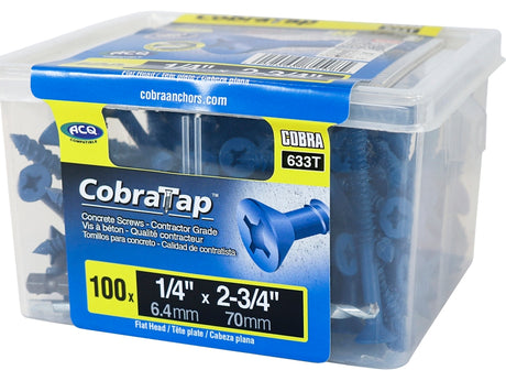 Cobra Anchors 633T Screw, 1/4 in Thread, 2-3/4 in L, Flat Head, Phillips, Robertson Drive, Steel, Fluorocarbon-Coated, 100/PK