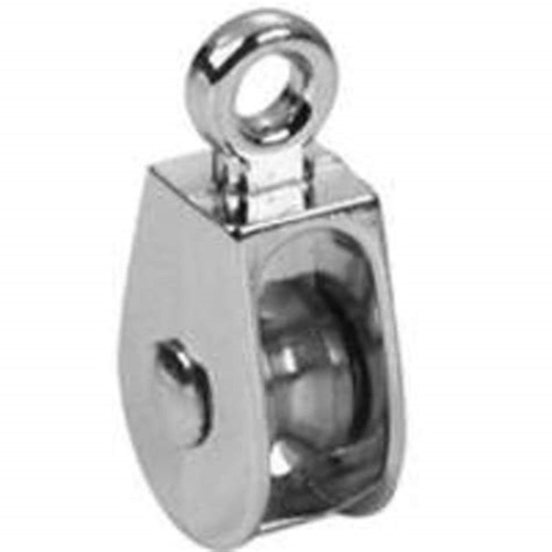 Campbell T7655062N Pulley, 3/16 in Rope, 30 lb Working Load, 1/2 in Sheave, Rigid Eye Attachment, Nickel Plated