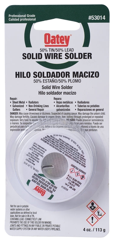 Oatey 53014 Leaded Solder, 1/4 lb Carded, Solid, Silver, 361 to 421 deg F Melting Point