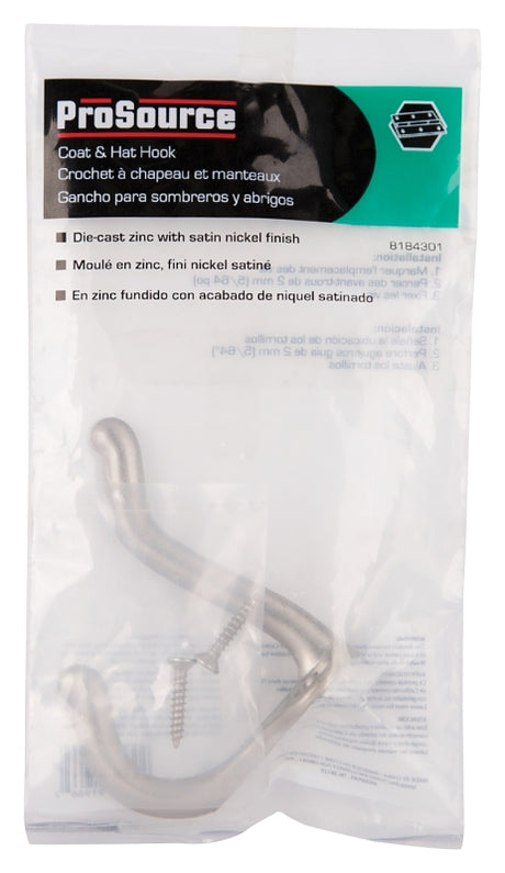 ProSource H62-B073 Coat and Hat Hook, 22 lb, 2-Hook, 1 in Opening, Zinc, Satin Nickel