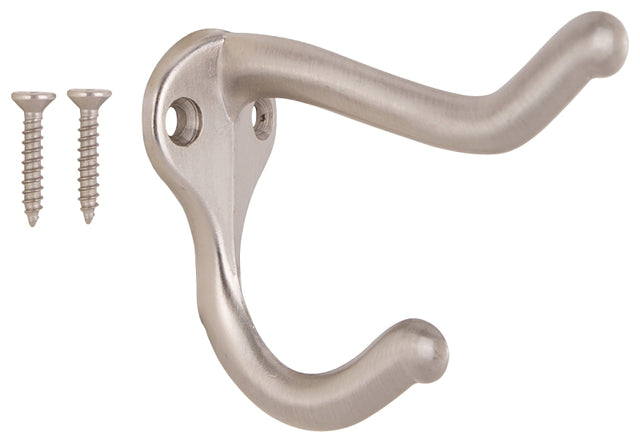 ProSource H62-B073 Coat and Hat Hook, 22 lb, 2-Hook, 1 in Opening, Zinc, Satin Nickel