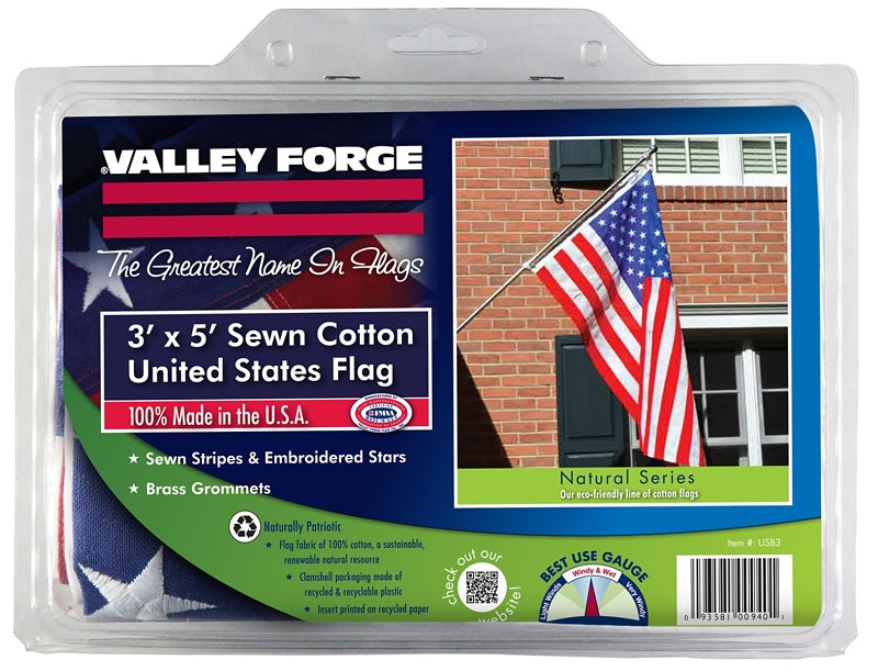 Valley Forge USB3 USA Flag, 3 ft W, 5 ft H, Cotton