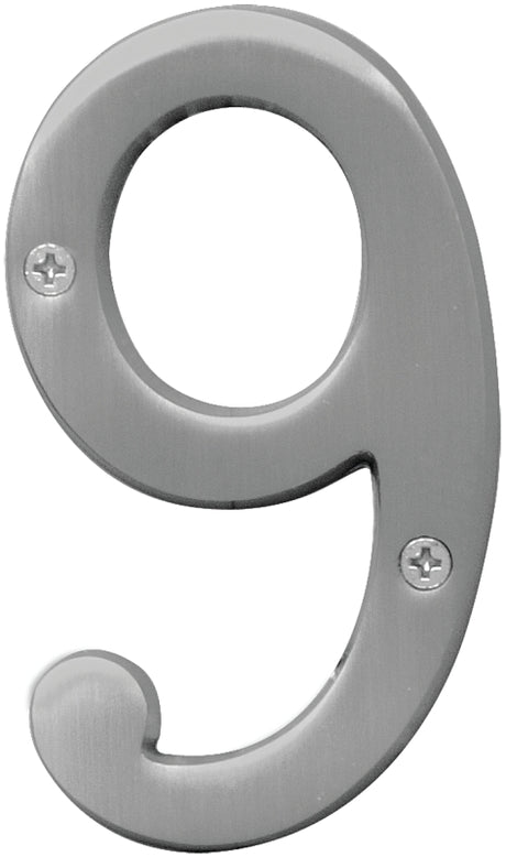 Hy-Ko Prestige Series BR-43SN/9 House Number, Character: 9, 4 in H Character, Nickel Character, Solid Brass, Pack of 3