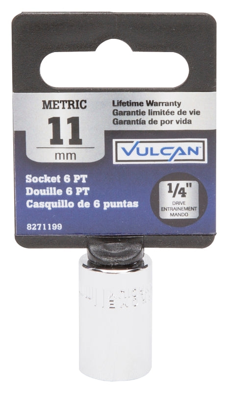 Vulcan MT6490221 Drive Socket, 11 mm Socket, 1/4 in Drive, 6-Point, Chrome Vanadium Steel, Chrome