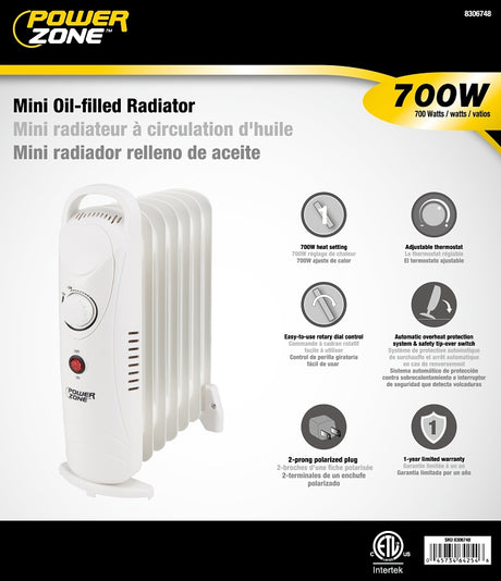 PowerZone CYPB-7 Mini Oil Filled Heater, 5.8 A, 120 V, 700 W Heating, 1-Heating Stage, White