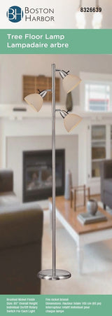 Boston Harbor TL-TREE-648 Tree Lamp, 120 V, 180 W, 3-Lamp, Incandescent Lamp, Metal, Brushed Nickel Finish