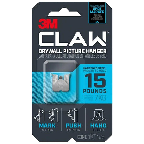 3M CLAW 3PH15M-1ES Drywall Picture Hanger, 15 lb, Steel, Push-In Mounting, 1/PK, Pack of 4