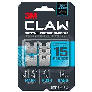 3M CLAW 3PH15M-5ES Drywall Picture Hanger, 15 lb, Steel, Push-In Mounting, 5/PK, Pack of 4