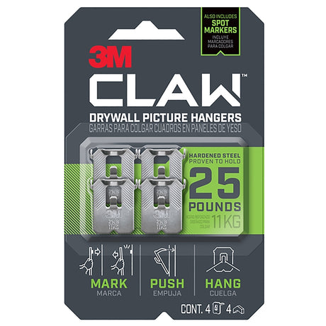 3M CLAW 3PH25M-4ES Drywall Picture Hanger, 25 lb, Steel, Push-In Mounting, 4/PK, Pack of 4