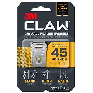 3M CLAW 3PH45M-3ES Drywall Picture Hanger, 45 lb, Steel, Push-In Mounting, 3/PK, Pack of 4