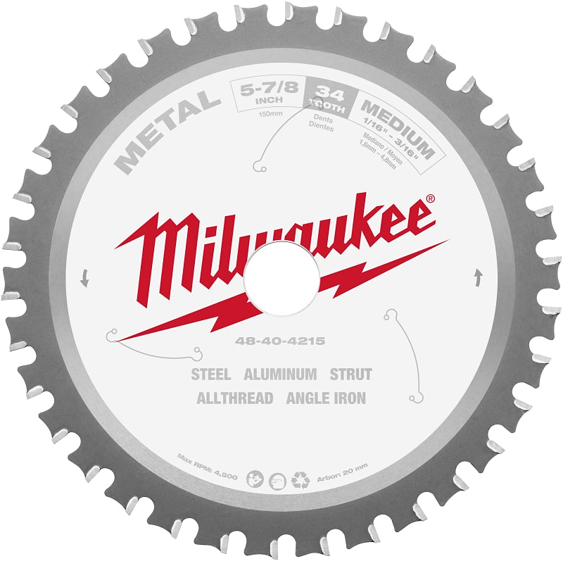 Milwaukee 48-40-4215 Circular Saw Blade, 5-7/8 in Dia, 20 mm Arbor, 34-Teeth, Carbide Cutting Edge