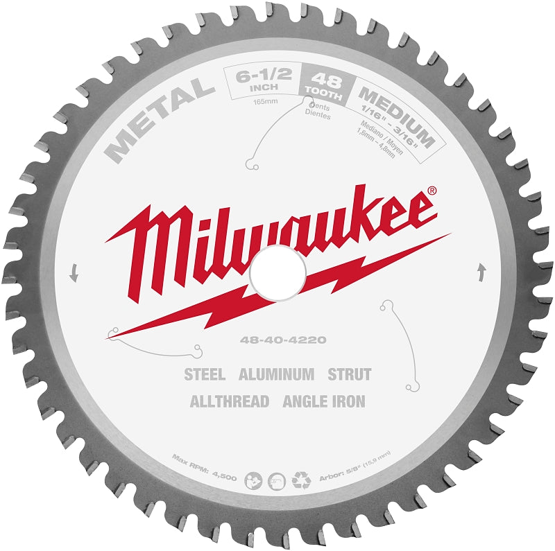 Milwaukee 48-40-4220 Circular Saw Blade, 6-1/2 in Dia, 5/8 in Arbor, 48-Teeth, Carbide Cutting Edge