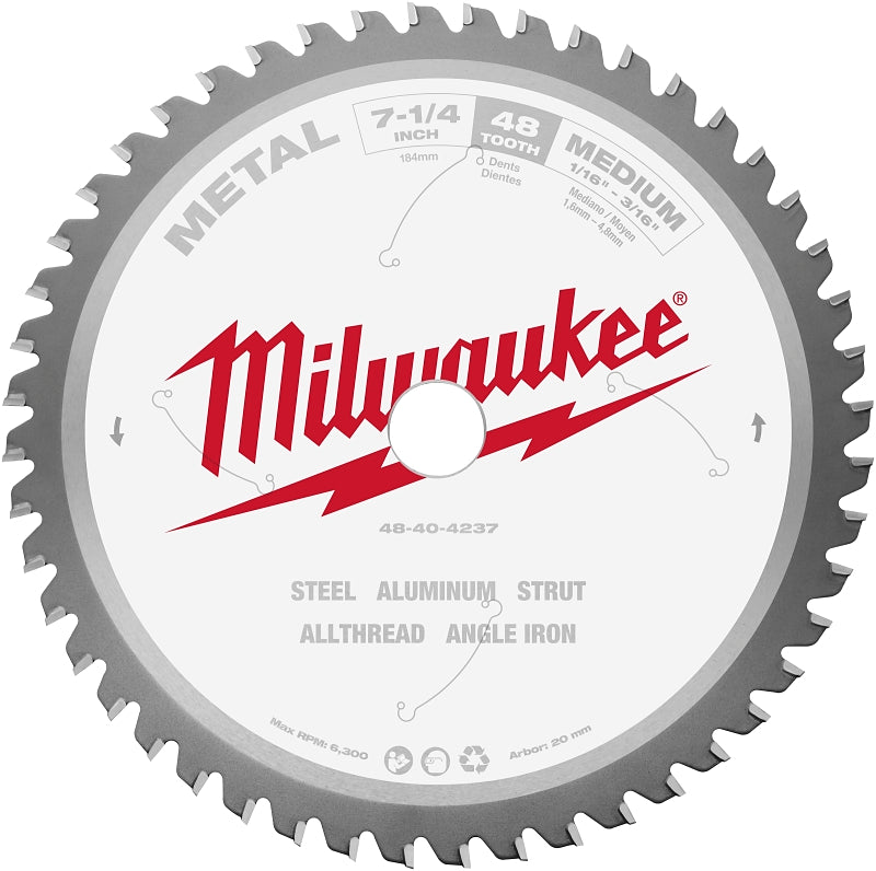 Milwaukee 48-40-4237 Circular Saw Blade, 7-1/4 in Dia, 20 mm Arbor, 48-Teeth, Carbide Cutting Edge