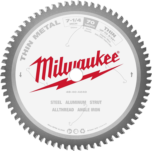 Milwaukee 48-40-4240 Circular Saw Blade, 7-1/4 in Dia, 5/8 in Arbor, 70-Teeth, Carbide Cutting Edge