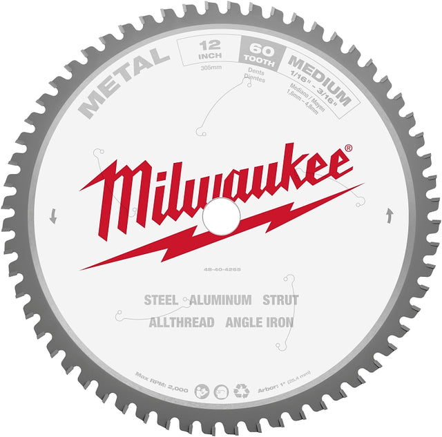 Milwaukee 48-40-4265 Circular Saw Blade, 12 in Dia, 1 in Arbor, 60-Teeth, Carbide Cutting Edge