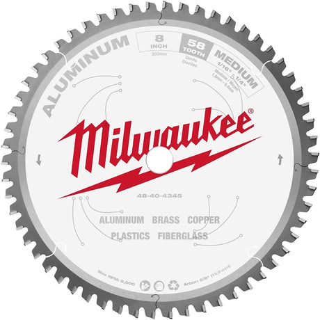 Milwaukee 48-40-4345 Circular Saw Blade, 8 in Dia, 5/8 in Arbor, 58-Teeth, Carbide Cutting Edge