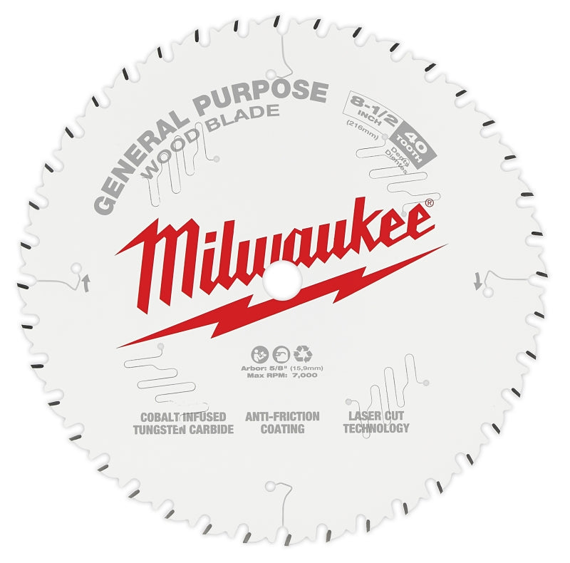 Milwaukee 48-40-0824 Circular Saw Blade, 8-1/2 in Dia, 5/8 in Arbor, 40-Teeth, Carbide Cutting Edge