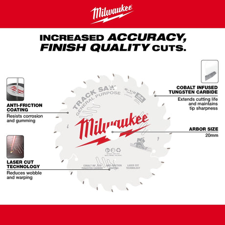 Milwaukee 48-40-0624 Track Saw Blade, 6-1/2 in Dia, 20 mm Arbor, 24-Teeth, Tungsten Carbide Cutting Edge