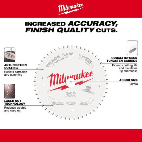 Milwaukee 48-40-0643 Track Saw Blade, 6-1/2 in Dia, 20 mm Arbor, 52-Teeth, Tungsten Carbide Cutting Edge